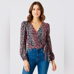 American Eagle Outfitters Floral Wrap Blouse - Pink and Blue